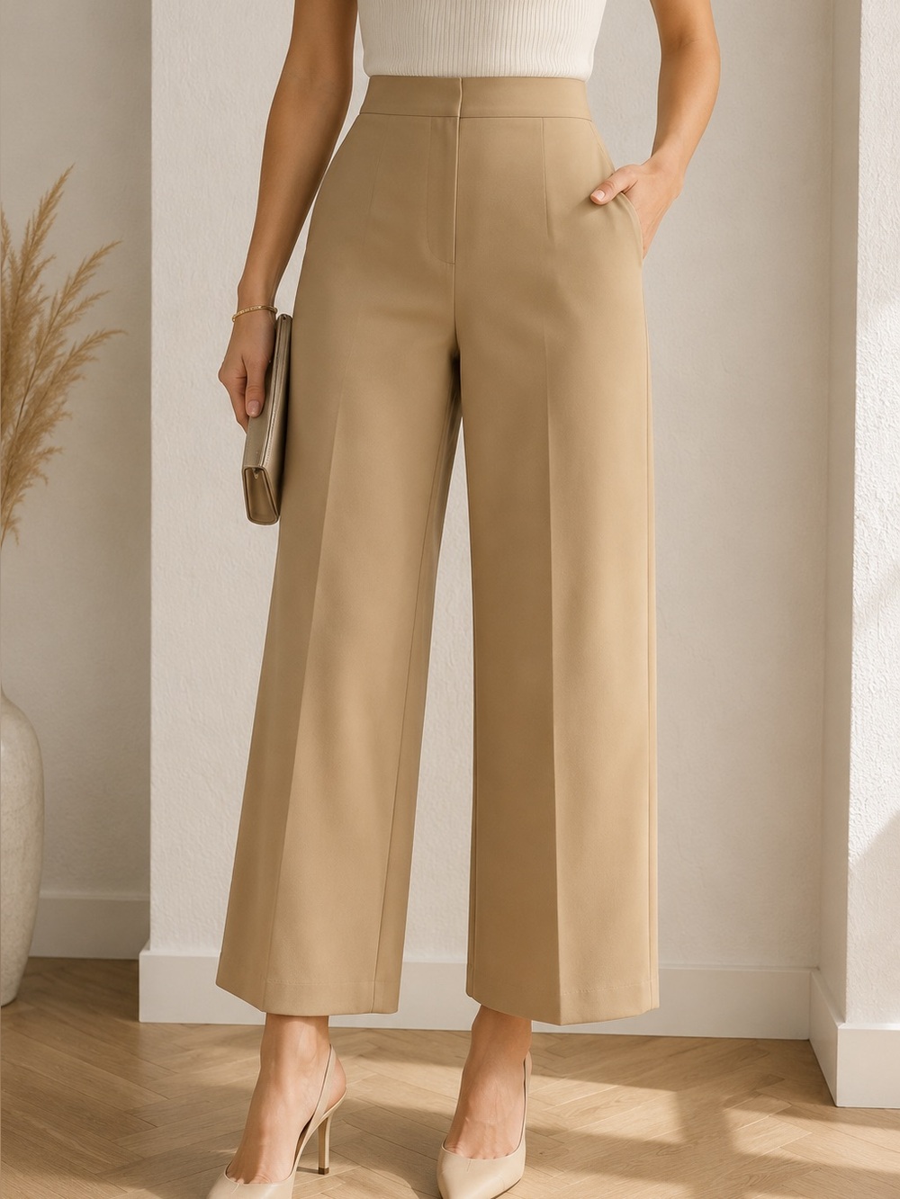 Soaked Women’s Wide Leg Ankle Pants Size M Tan Camel Stretch Dress Trousers